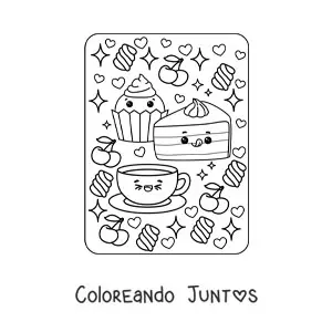 Imagen para colorear de cupcake y pastel dulce con café kawaii