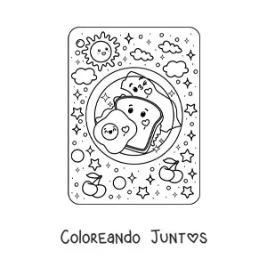 Imagen para colorear de desayuno de sándwich con huevo y tocino kawaii