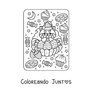 Imagen para colorear de panda rojo en un pastel de fresa kawaii
