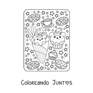 Imagen para colorear de helado y cupcake de ositos kawaii