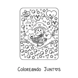 Imagen para colorear de hongo y brócoli animado con polluelo kawaii de picnic