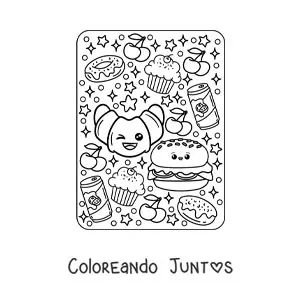Imagen para colorear de croissant y hamburguesa kawaii grande