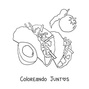 Imagen para colorear de dos tacos con sus ingredientes alrededor