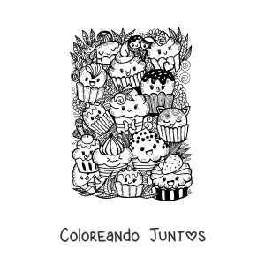 Imagen para colorear de cupcakes kawaii con garabatos