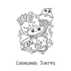 Imagen para colorear de comida chatarra y dulces kawaii