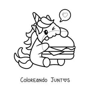 Imagen para colorear de unicornio kawaii comiendo una hamburguesa