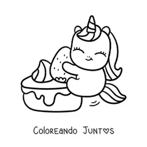 Imagen para colorear de unicornio kawaii con pastel de fresa