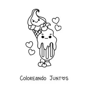 Imagen para colorear de helados kawaii con corazones