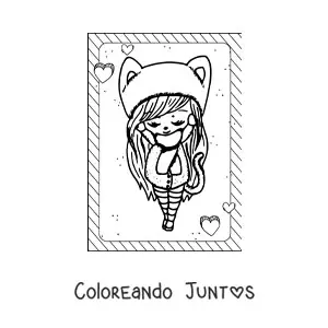 Imagen para colorear de muñeca kawaii con gorro de orejas de gato