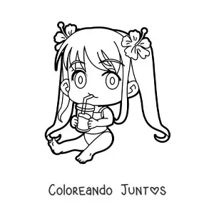 Niña kawaii sentada con traje de baño y una bebida