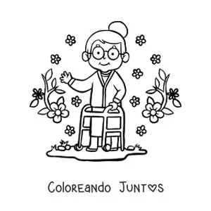 Imagen para colorear de abuelita tierna con andadera y fondo de flores
