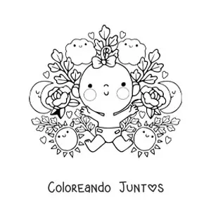 Imagen para colorear de bebé niña kawaii con flores animadas