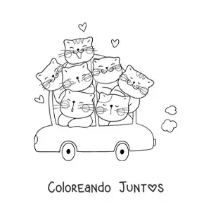Imagen para colorear de gatos kawaii en un auto
