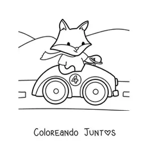 Imagen para colorear de zorro kawaii animado conduciendo un auto