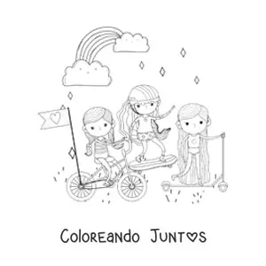 Imagen para colorear de niñas montando bicicleta patineta y monopatín