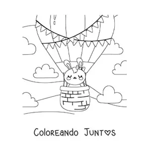 Imagen para colorear de conejo animado kawaii en un globo aerostático