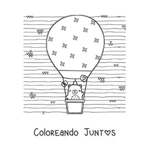 Imagen para colorear de oso animado kawaii en un globo aerostático