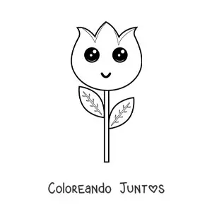 Imagen para colorear de tulipán kawaii grande con hojas