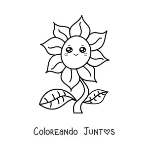 Imagen para colorear de flor animada kawaii grande con hojas