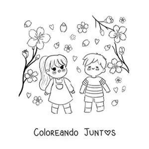 Imagen para colorear de niños kawaii viendo flores de cerezo