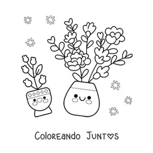 Imagen para colorear de macetas con flores kawaii bonitas