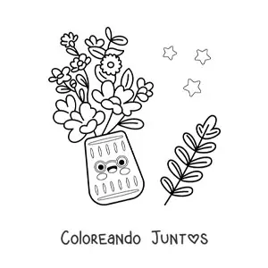 Imagen para colorear de maceta con flores kawaii con estrellas