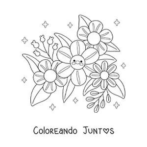 Imagen para colorear de flores kawaii grandes con hojas