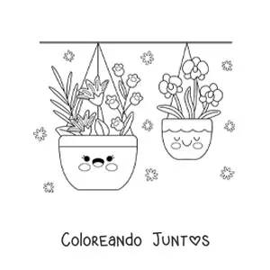 Imagen para colorear de macetas colgantes con flores kawaii