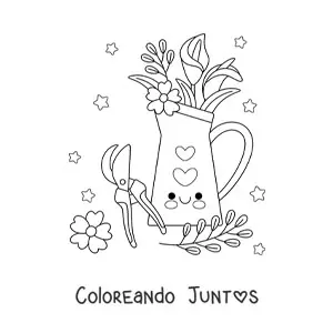 Imagen para colorear de jarrón con flores kawaii junto a tijeras para podar