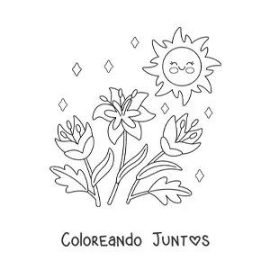 Imagen para colorear de Sol kawaii con flores