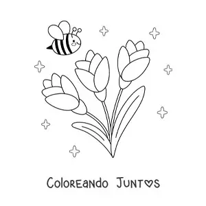 Imagen para colorear de abeja kawaii con flores grandes