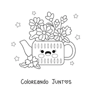 Imagen para colorear de jarrón con flores kawaii con estrellas