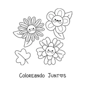 Imagen para colorear de 3 flores kawaii grandes