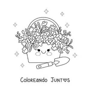 Imagen para colorear de cesta con flores kawaii junto a pala de jardinería