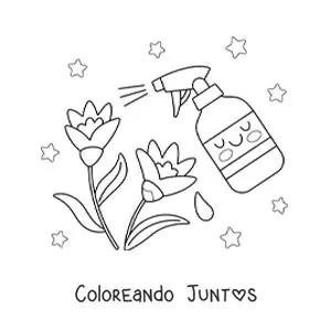 Imagen para colorear de pulverizador kawaii regando unas flores