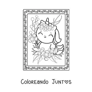 Imagen para colorear de unicornio kawaii grande con flores