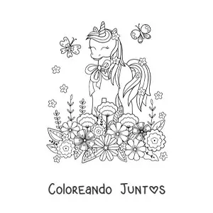 Imagen para colorear de unicornio kawaii con flores y mariposas