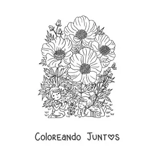 Imagen para colorear de amapolas con niños kawaii