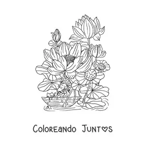 Imagen para colorear de flor de loto con niña kawaii