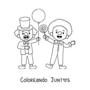 Imagen para colorear de dos payasos con una paleta y un globo