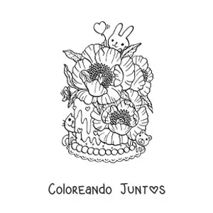 Imagen para colorear de pastel con flores con conejo y gato kawaii