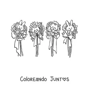 Imagen para colorear de flores con conejos y gato kawaii