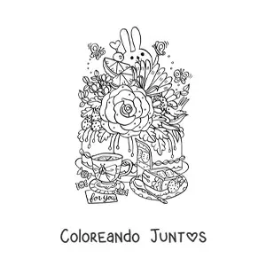 Imagen para colorear de pastel con flores y taza de té con conejo kawaii