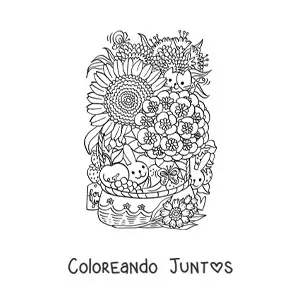 Imagen para colorear de cesta de frutas con flores con conejos y gato kawaii