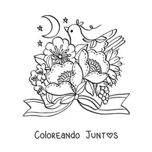 Imagen para colorear de flores hermosas con paloma kawaii y la Luna