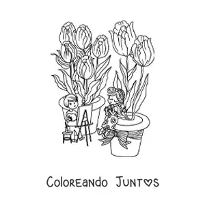 Imagen para colorear de tulipanes y niños kawaii
