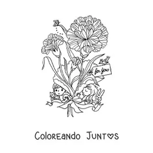Imagen para colorear de claveles con niños kawaii