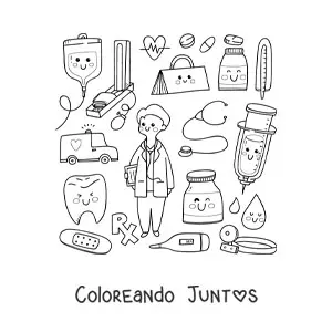 Imagen para colorear de doctor kawaii con cosas animadas