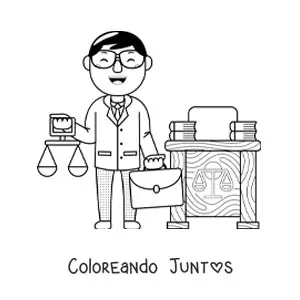 Imagen para colorear de abogado kawaii con balanza y maletín en su oficina