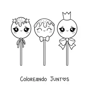 Imagen para colorear de tres paletas kawaiis con lazos y una corona
